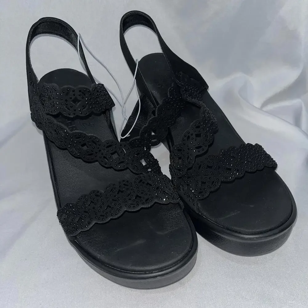 Skechers Luxe Foam Wedge Sandals Women’s Size 11 Black Rhinestone Strappy 2.5 in